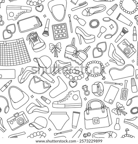 Barbiecore seamless pattern with outlined fashion accessories, makeup items, shoes, bags, and jewelry in a chic and playful black-and-white design