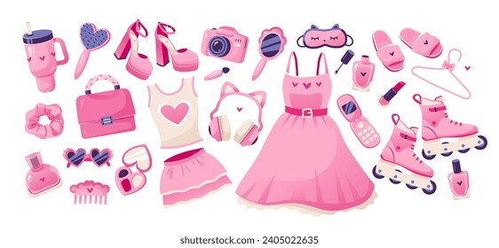 Barbiecore set with cute pink accessories and clothes. Glamorous things dolls. Vector illustration

