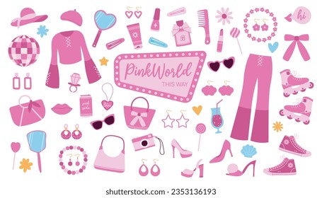 Barbiecore set. Pink doll girl trendy set with aesthetic accessories, clothing and cosmetics. Cartoon vector illustration.