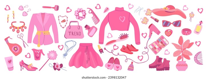 Set Pink trendy set, accesorios estéticos para muñecas. Cosméticos rosas, y ropa. Ilustración del vector
