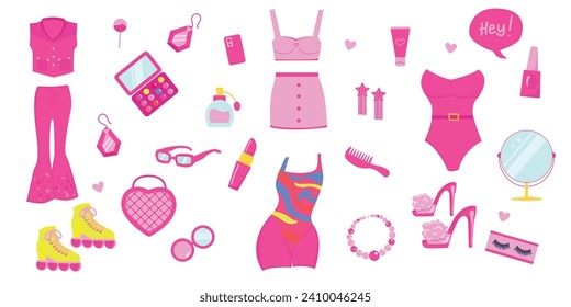 Barbiecore set. Pink trendy set, pink doll aesthetic accessories and clothing. Vector illustration