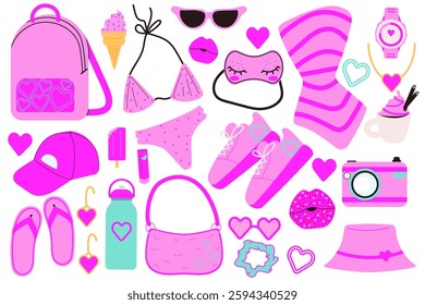 Barbiecore set sticker pack. Pink aesthetic set with accessories and clothes. Cartoon isolated vector illustration.	