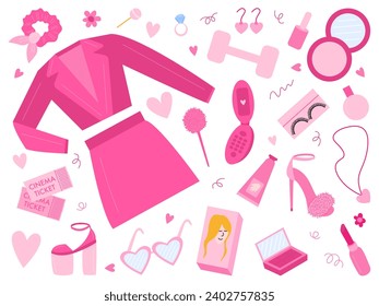 Barbiecore set vector. Pink trendy elements flat style vector set