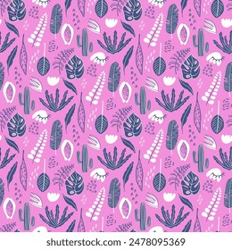 Barbiecore style seamless pattern with tropical rainforest plants. Naive art hand drawn textures, leaves and flowers on pink backdrop. Bright modern background. Hand drawn vector illustration.
