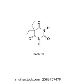 Barbital skeletal structure.Barbiturate compound schematic illustration. Simple diagram, chemical formula.