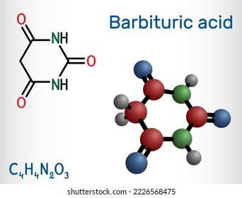 Barbitursäure, Malonylharnstoff oder 6-Hydroxyurakilmolekül. Es ist die Muttersubstanz von Barbituraten. Strukturchemische Formel und Molekül-Modell. Vektorgrafik
