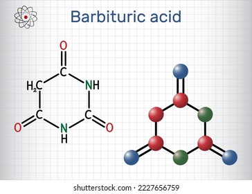 Barbituric acid, malonylurea or 6-hydroxyuracil molecule. It is parent compound of barbiturate drugs. Structural chemical formula, molecule model. Sheet of paper in a cage. Vector illustration