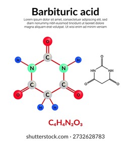 Barbitursäure, organische Verbindung, Molekularstrukturformel, Ball-und-Stick-Modell, geeignet für Ausbildung oder Chemie wissenschaftlichen Inhalt. Vektorgrafik