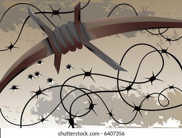 Barblock against a background of ragged wall pocked with bullets holes.