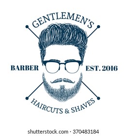 Barbr shop logo. Gentlmen haircuts and shaves club. Male hairstyles, beards, mustaches and glasses. Digital hand drawn vector illustration. 