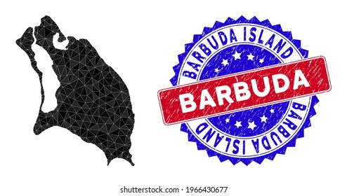 Barbuda Island map polygonal mesh with filled triangles, and rubber bicolor rubber seal. Triangle mosaic Barbuda Island map with mesh vector model, triangles have various sizes, and positions,