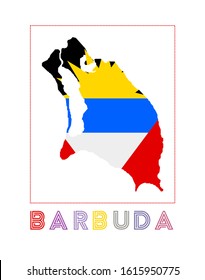 Barbuda Logo. Map of Barbuda with island name and flag. Astonishing vector illustration.