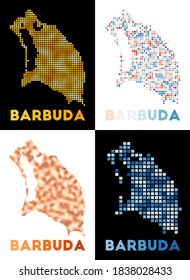 Barbuda map. Collection of maps of Barbuda in a dotted style. Borders of the island filled with rectangles for your design. Vector illustration.