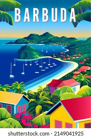 Barbuda travel poster. Beautiful landscape with houses, boats, beach, palms and sea in the background. Handmade drawing vector illustration.