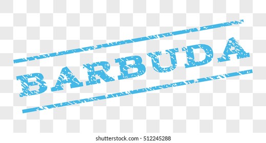 Barbuda watermark stamp. Text caption between parallel lines with grunge design style. Rubber seal stamp with unclean texture. Vector light blue color ink imprint on a chess transparent background.