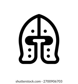 Barbute helmet. Outlined stroke vector icon with black-filled details.