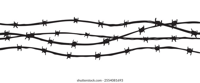 Barbwire fence background. Black sketch vector illustration. Design element for military, security, prison, slavery concept. Vector illustration