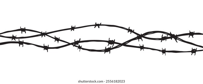 Barbwire fence background. Black sketch vector illustration. Design element for military, security, prison, slavery concept. Vector illustration