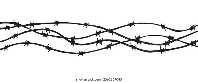 Barbwire fence background. Black sketch vector illustration. Design element for military, security, prison, slavery concept. Vector illustration