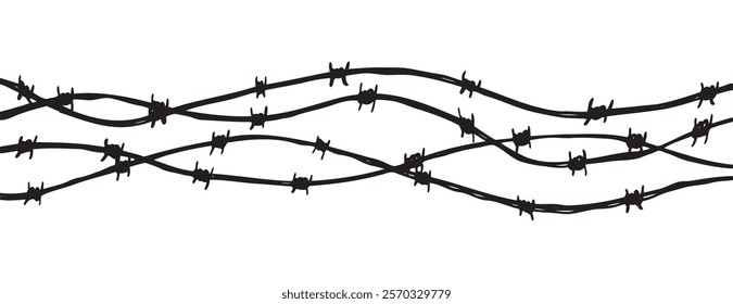 Barbwire fence background. Black sketch vector illustration. Design element for military, security, prison, slavery concept. Vector illustration