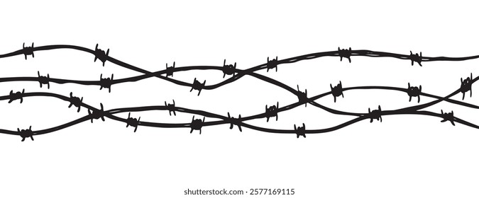 Barbwire fence background. Black sketch vector illustration. Design element for military, security, prison, slavery concept. Vector illustration