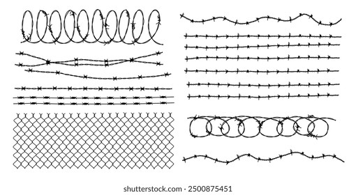 Barbwire isolated silhouette, Fence wire mesh barbed wire , barbed wire fence on the border