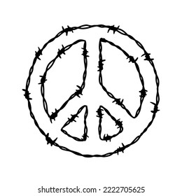 Barbwire peace sign shape. Hand drawn vector illustration in sketch style. Design element for military, security, prison, slavery concepts