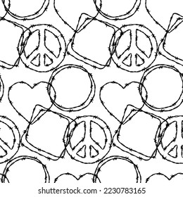 Patrón sin fisuras de Barbwire con corazones y señal de paz. Ilustración vectorial dibujada a mano en estilo de esbozo. Antecedentes de los conceptos militar, de seguridad, penitenciario y de esclavitud