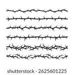 Barbwire, thorny frame vector flat illustrations set. Prison, boundary barb line war background metal silhouette. Sharp lines fence, creepy torn stem white and black design. Vine plant with spikes