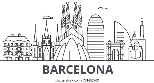 Barcelona Architecture Line Skyline Illustration. Linear Vector Cityscape With Famous Landmarks, City Sights, Design Icons. Landscape Wtih Editable Strokes