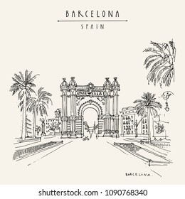 Barcelona, Katalonien, Spanien. Arc de Triomf (Triumphbogen) und Palmen. Reiseskizze. Handgezeichnete Vintage-Touristenkarte, Poster, Buchgrafik. Vektorgrafik