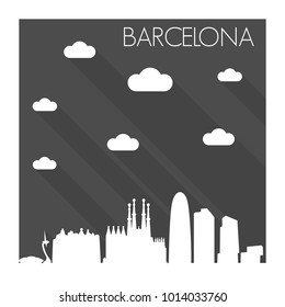Barcelona Catalonia Spain Europe Flat Icon Skyline Silhouette Design City Vector Art Famous Buildings Monochrome Background Clouds Sky svg
