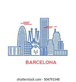 Barcelona city architecture retro vector illustration, skyline city silhouette, skyscraper, stroke design