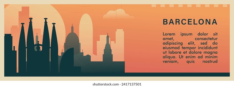 Banner vectorial del brutalismo de la ciudad de Barcelona con horizonte, paisaje urbano. Ilustración horizontal de gran ciudad de España, disposición de viaje para presentación web, encabezado, pie de página