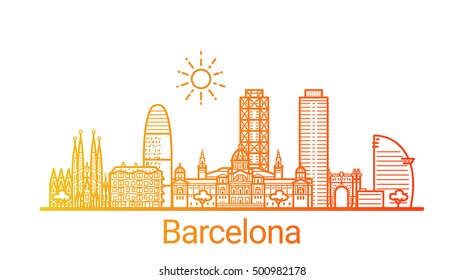 Barcelona city colored gradient line. All Barcelona buildings - customizable objects with opacity mask, so you can simple change composition and background fill. Line art.