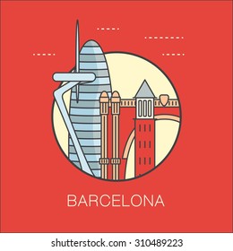 Barcelona city detailed silhouette. Trendy vector illustration, line art style.