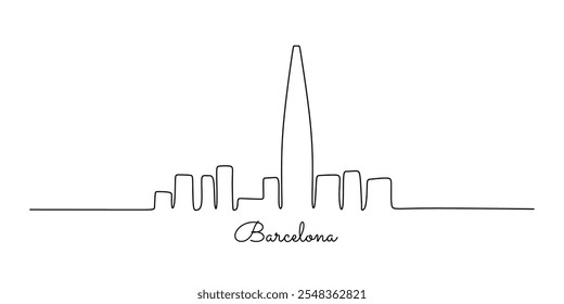 Os marcos da cidade de Barcelona são mostrados em um desenho contínuo de uma linha. Um design vetorial minimalista capturando a essência da cidade.