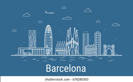 Barcelona city, Line Art Vector illustration with all famous towers. Linear Banner with Showplace. Composition of Modern buildings, Cityscape. Barcelona buildings set