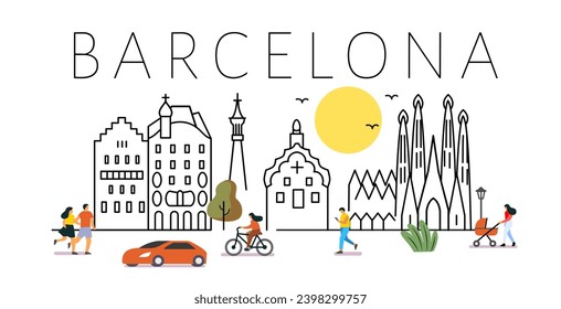 Barcelona City Line View. Poster print minimal design.