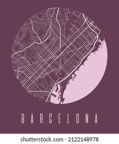 Barcelona city map circle poster. Round circular road aerial view, street map vector illustration. Cityscape area panorama with water.