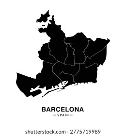 Barcelona city map with districts, black urban silhouette vector layout isolated on white.