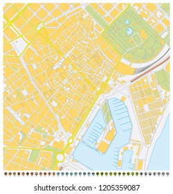 barcelona city map with pin pointers and infrastructure icons.