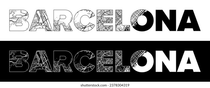 Barcelona City Name (Spain, Europe) with black white city map illustration vector