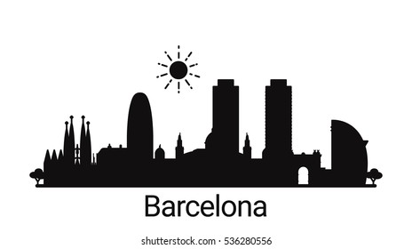 Barcelona city outline skyline. All Barcelona buildings - customizable objects, so you can simple change skyline composition. Minimal design.