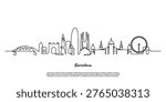 Barcelona city scape single line art, Vector illustration with famous monuments, continuous one line drawing style. tourist destination modern outline, travel concept of spain.