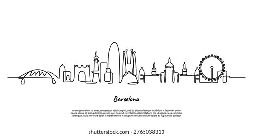 Barcelona city scape single line art, Vector illustration with famous monuments, continuous one line drawing style. tourist destination modern outline, travel concept of spain.