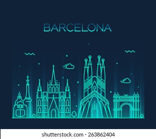 Barcelona City skyline detailed silhouette. Trendy vector illustration, line art style.