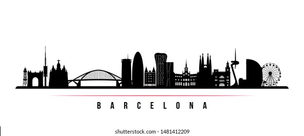 Barcelona City skyline horizontal banner. Black and white silhouette of Barcelona City, Spain. Vector template for your design. 