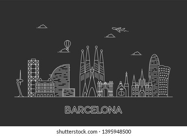 Barcelona city skyline. Line art style illustration 