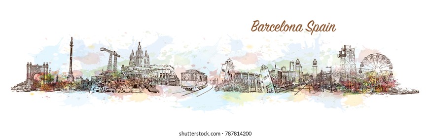 Barcelona City Skyline. Watercolor splash with sketch in vector illustration.